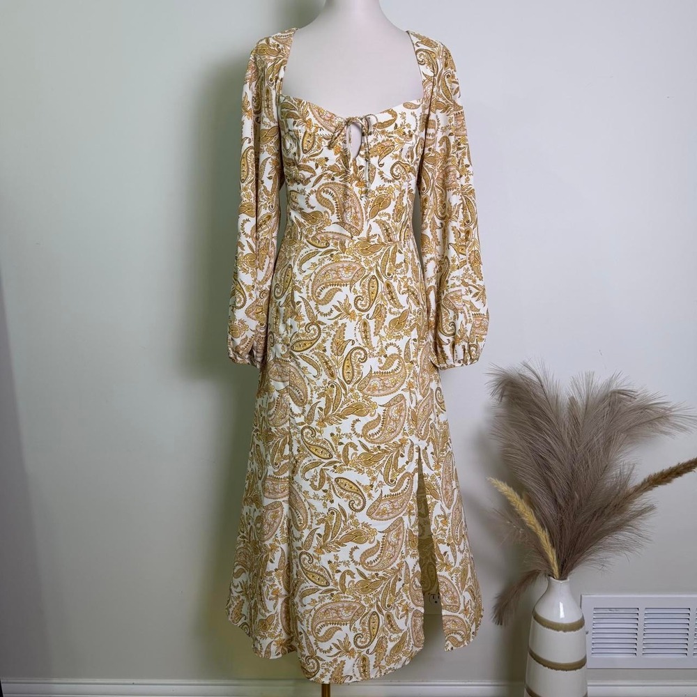 WAYF Yellow Paisley Long Sleeve Open Back Midi Dress Front Slit Medium